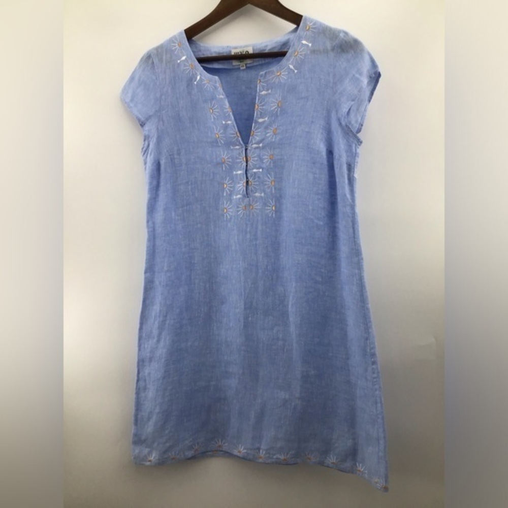 HIHO Linen Embroidered Blue Tortola Short Sleeve Dress